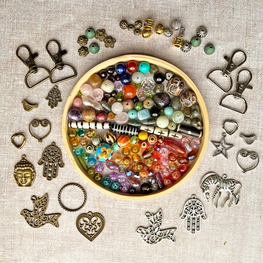 Bargain bead stash, bag charm supplies, semi-precious beads, gift for crafter