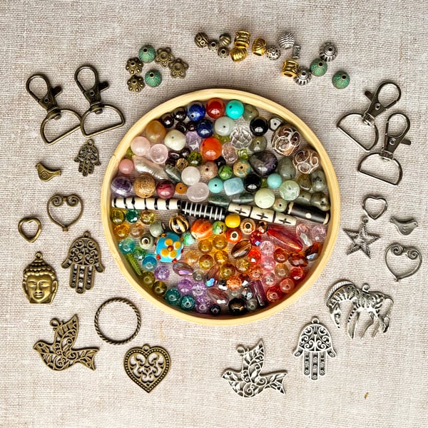 Bargain bead stash, bag charm supplies, semi-precious beads, gift for crafter