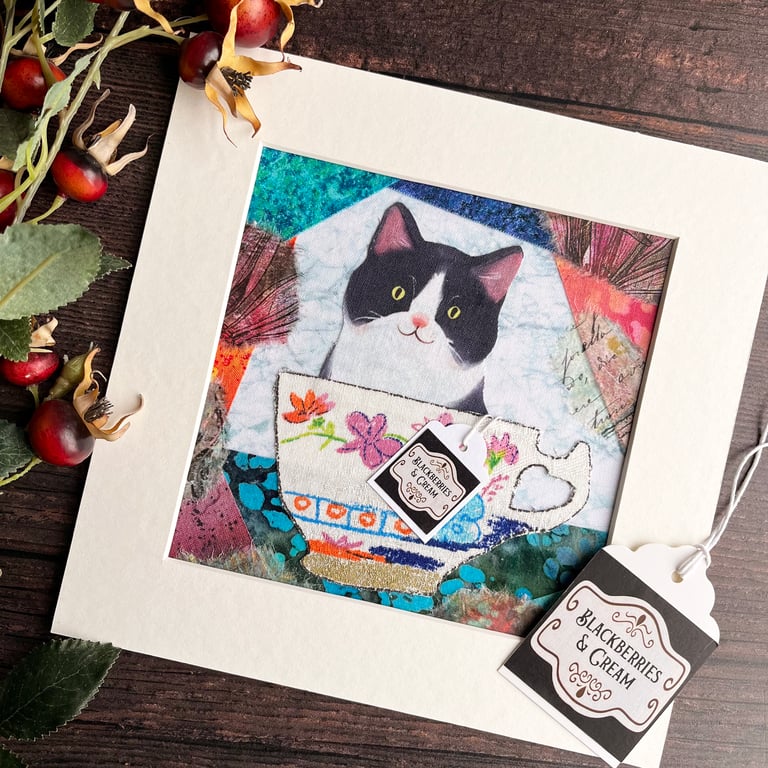 Cat in a cup textile artwork, gift for cat lover, tuxedo cat, cat art, funny cat