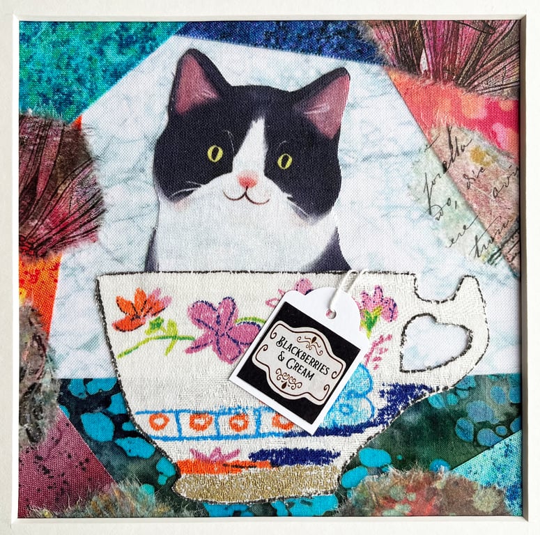 Cat in a cup textile artwork, gift for cat lover, tuxedo cat, cat art, funny cat