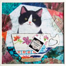 Cat in a cup textile artwork, gift for cat lover, tuxedo cat, cat art, funny cat