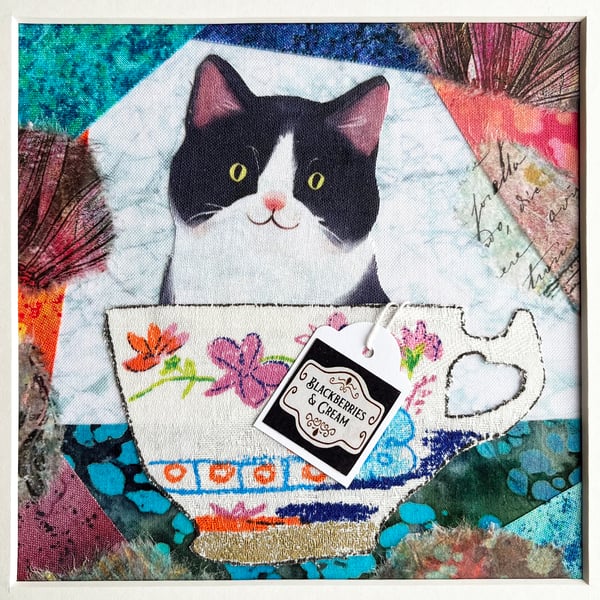 Cat in a cup textile artwork, gift for cat lover, tuxedo cat, cat art, funny cat