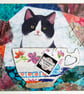 Cat in a cup textile artwork, gift for cat lover, tuxedo cat, cat art, funny cat