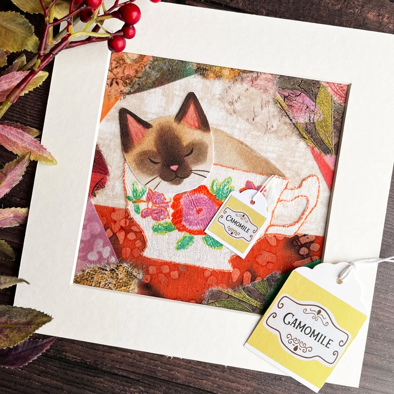 Siamese cat in a cup textile artwork, gift for cat lover, funny cat, collage