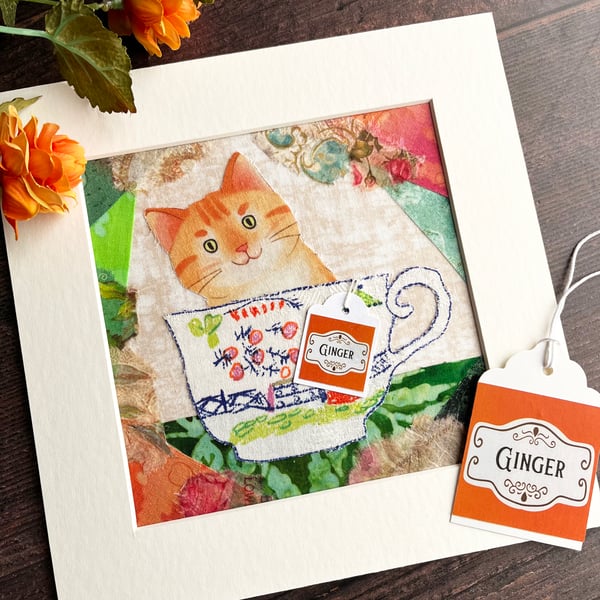 Ginger tabby cat, textile artwork, gift for cat lover, cat in a cup