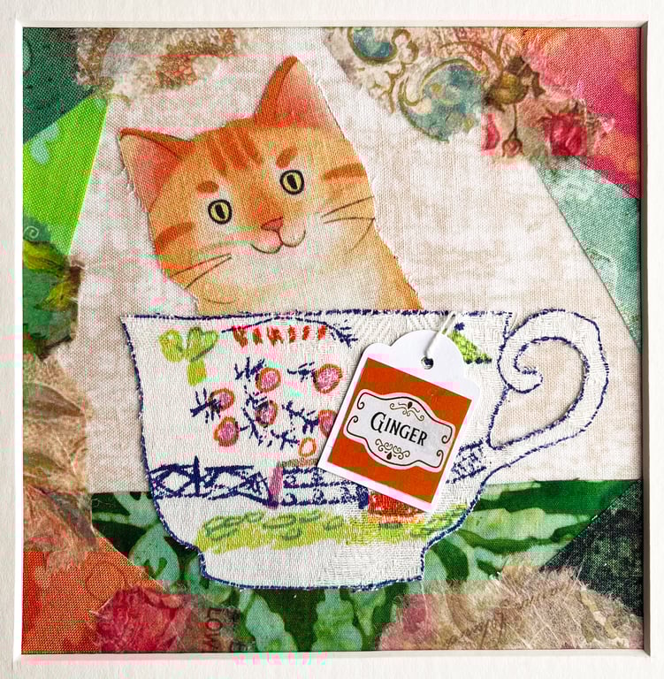 Ginger tabby cat, textile artwork, gift for cat lover, cat in a cup