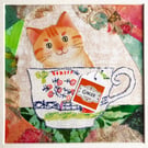 Ginger tabby cat, textile artwork, gift for cat lover, cat in a cup