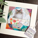 Persian cat, long haired grey cat, gift for cat lover, cat in a cup, textile cat