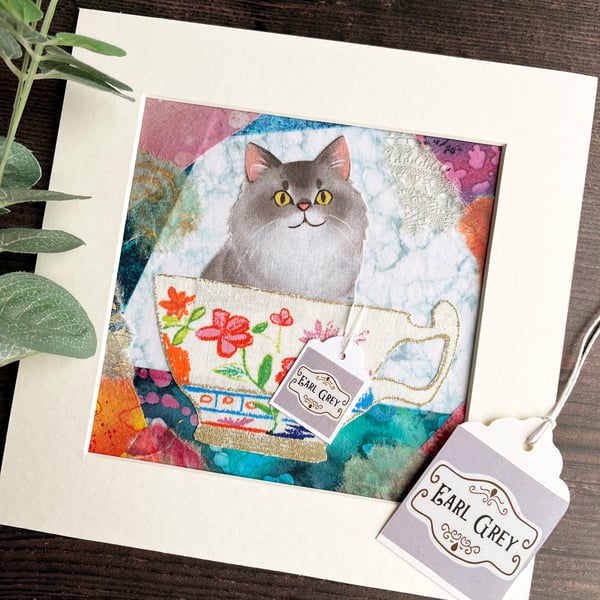 Persian cat, long haired grey cat, gift for cat lover, cat in a cup, textile cat