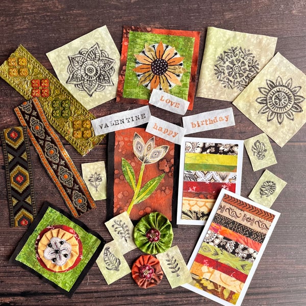 Craft supplies, textile collage, gift for crafter, boho flowers