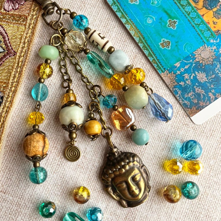 Handmade bag charm, March birthstone, aquamarine, boho-glam handbag accessory