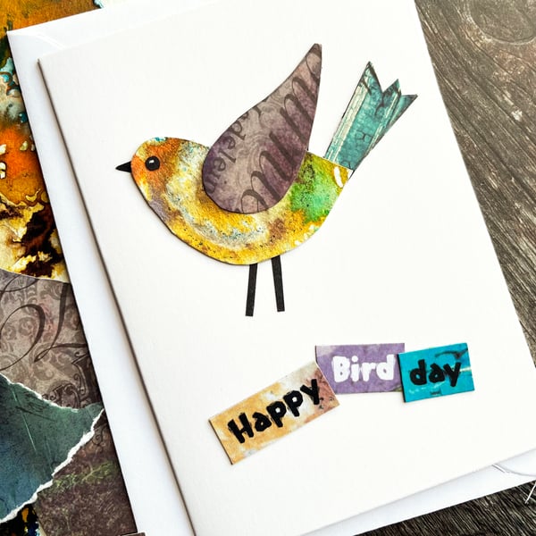 Handmade birthday card, bird card, collage, keepsake card, fun card