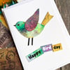 Handmade birthday card, bird card, collage, keepsake card, fun card