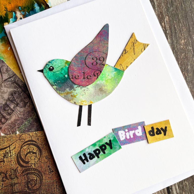 Handmade birthday card, bird card, collage, keepsake card, fun card