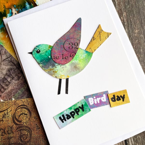 Handmade birthday card, bird card, collage, keepsake card, fun card