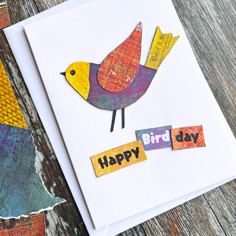 Handmade birthday card, bird card, collage, keepsake card, fun card