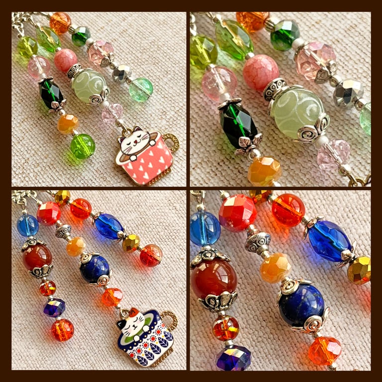 Two cat in a cup bag charms, gift for cat lover, white cat, purse charm