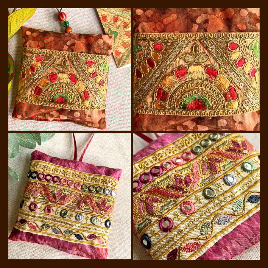 Two handmade lavender bags, Indian embroidered trim, scented gifts
