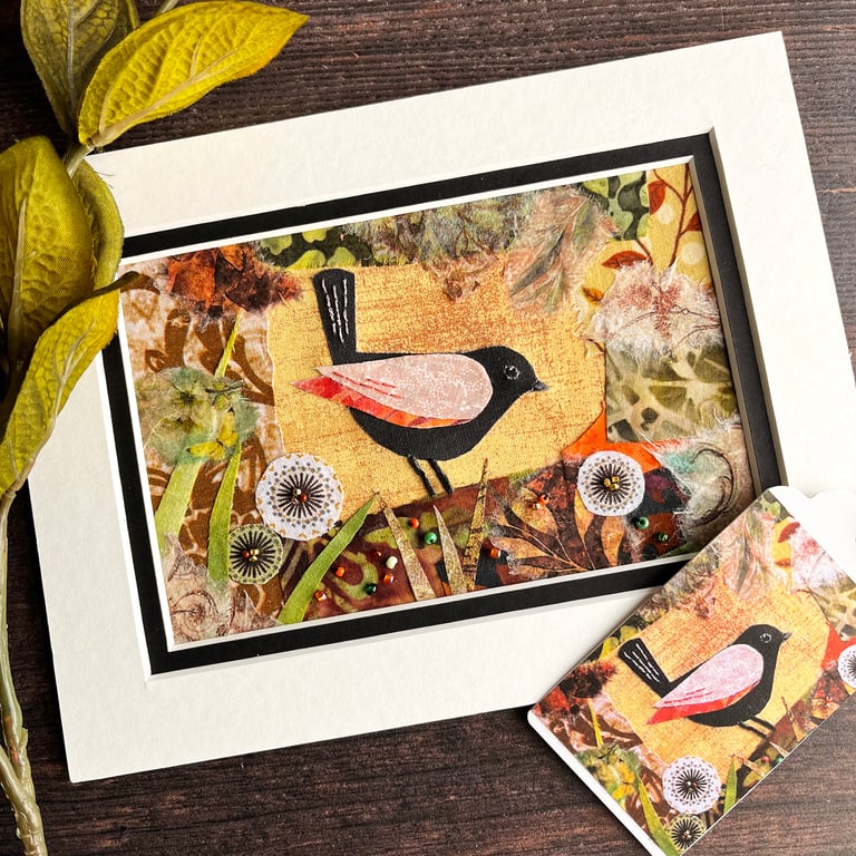Mixed media collage of bird, gift for bird lover, gift for mum, mothers day gift