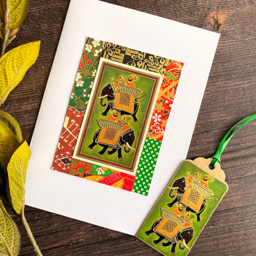 Handmade card for elephant lover, Indian elephant, vintage playing card