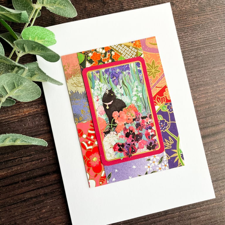 Black cat card, blank handmade card for cat lover, card to frame
