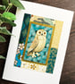 Owl card, handmade card for owl lover, snowy owl, card to frame, keepsake card