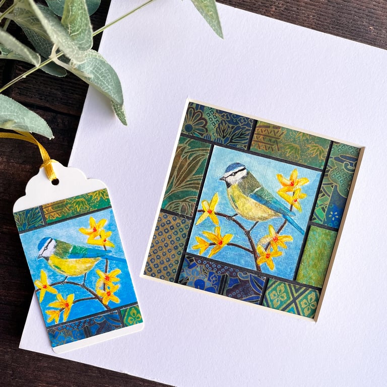 Mixed media picture of blue tit - gift for bird lover