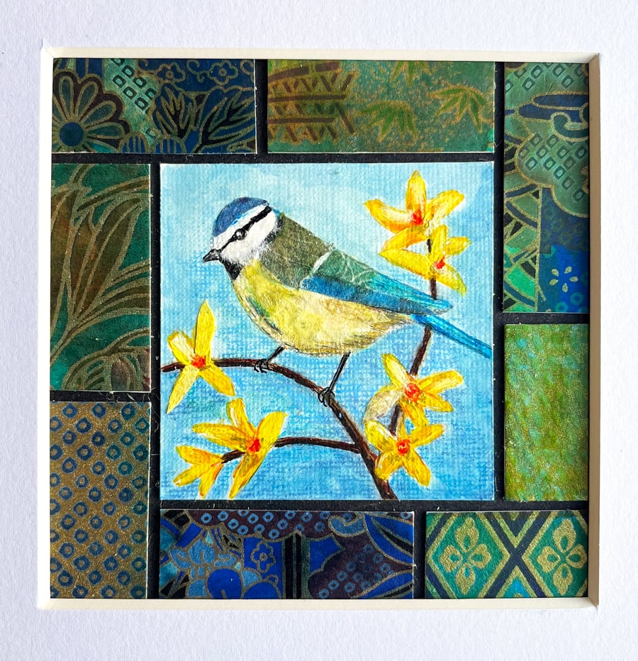Blue tit mixed media artwork, bird picture, gift for bird lover, original art