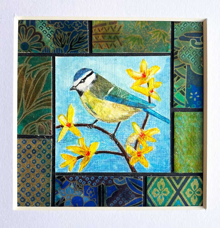 Blue tit mixed media artwork, bird picture, gift for bird lover, original art