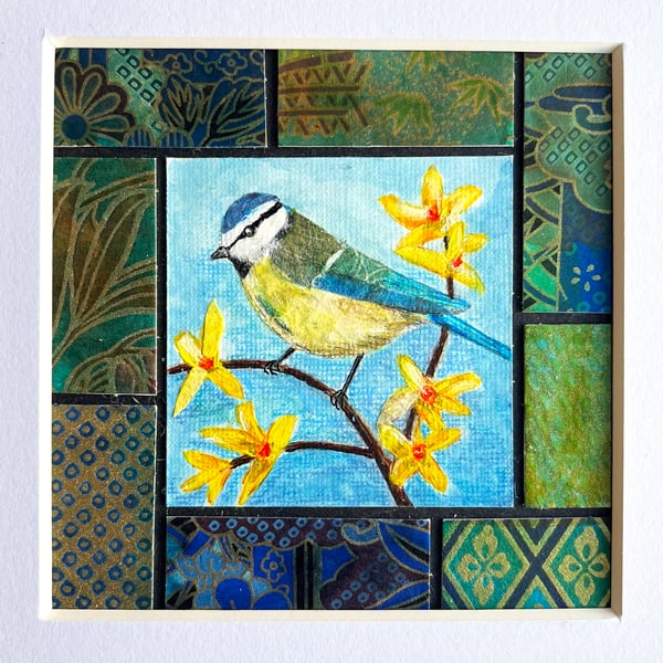 Blue tit mixed media artwork, bird picture, gift for bird lover, original art