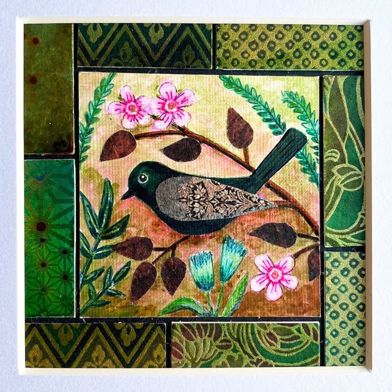 Boho bird and flowers mixed media artwork, gift for bird lover, folk bird