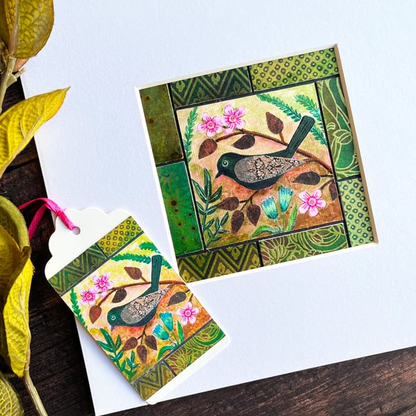 Boho bird and flowers mixed media artwork, gift for bird lover, folk bird