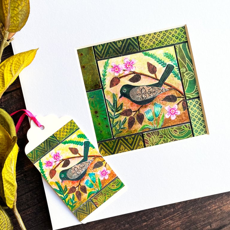 Boho bird and flowers mixed media artwork, gift for bird lover, folk bird