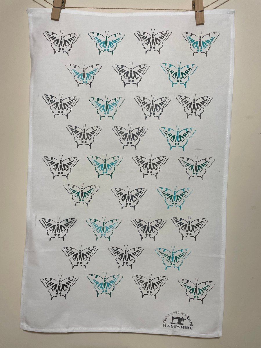 Butterfly Swallowtail Tea Towel Hand Printed White Cotton Homeware Gift Handmade