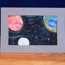 A red planet and a blue planet, with a moon - Watercolour