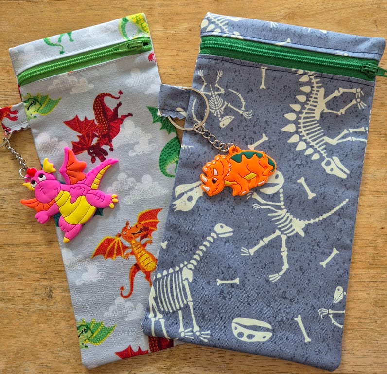 Set of 2 Handmade Zipper Pouches - Dinosaur and Dragon Style