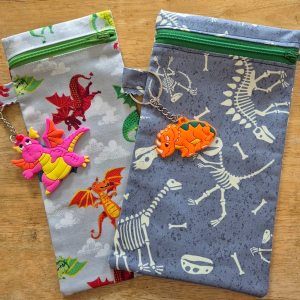 Set of 2 Handmade Zipper Pouches - Dinosaur and Dragon Style