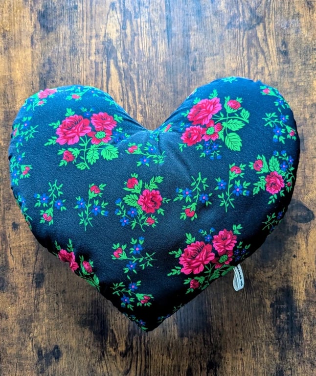 Handmade Reversible Heart-Shaped Decorative Pillow - Folk Floral & Navy Blue