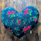 Handmade Reversible Heart-Shaped Decorative Pillow - Folk Floral & Navy Blue