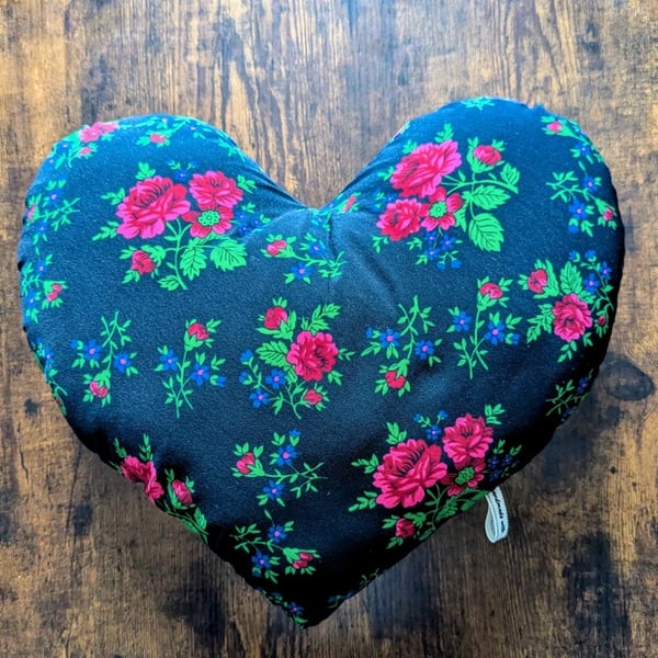 Handmade Reversible Heart-Shaped Decorative Pillow - Folk Floral & Navy Blue