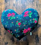 Handmade Reversible Heart-Shaped Decorative Pillow - Folk Floral & Navy Blue