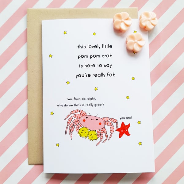 pom pom crab poem A6 greetings card, funny card, motivational, positivity
