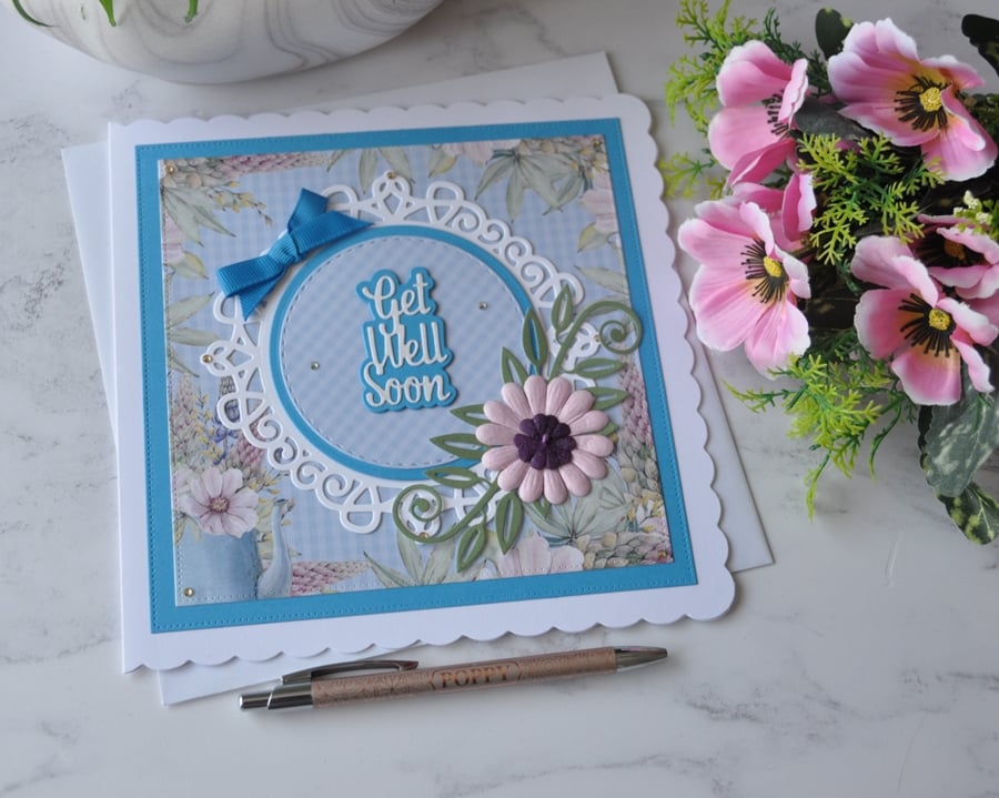 Get Well Soon Blue Purple Pink Daisy Flower 3D Luxury Handmade Card