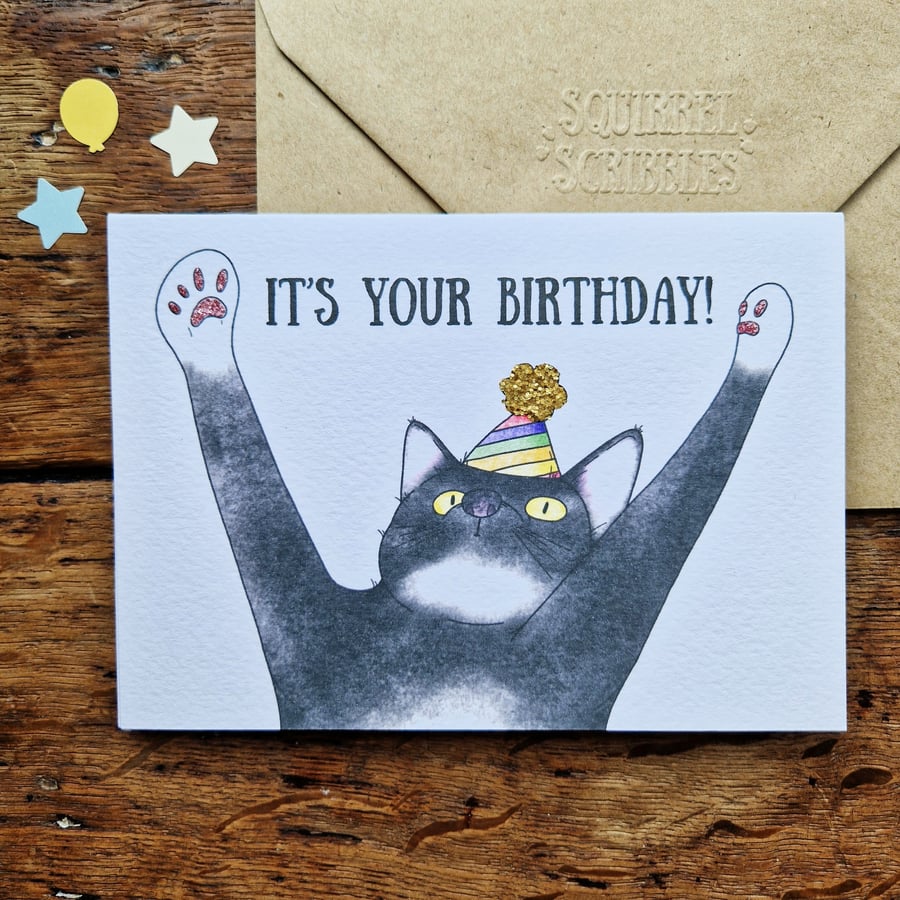 Black cat birthday card, Tuxedo cat card, Cat mum card, Black and white cat card