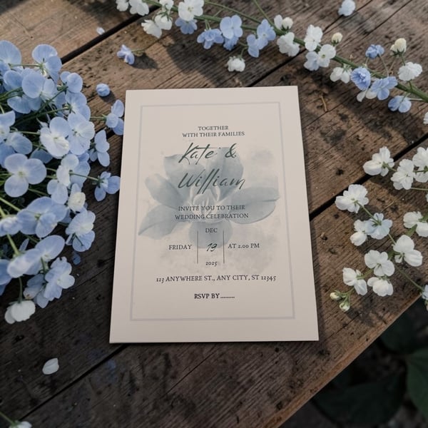 Blue Watercolour Flower Wedding Invitation