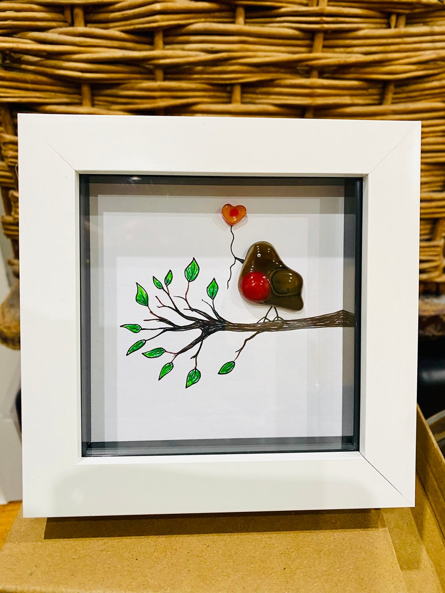 Fused glass robin picture hand drawn in a box frame 