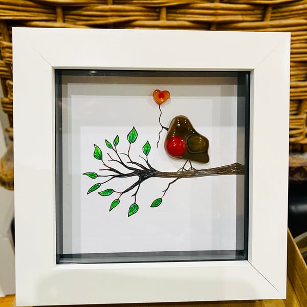 Fused glass robin picture hand drawn in a box frame 