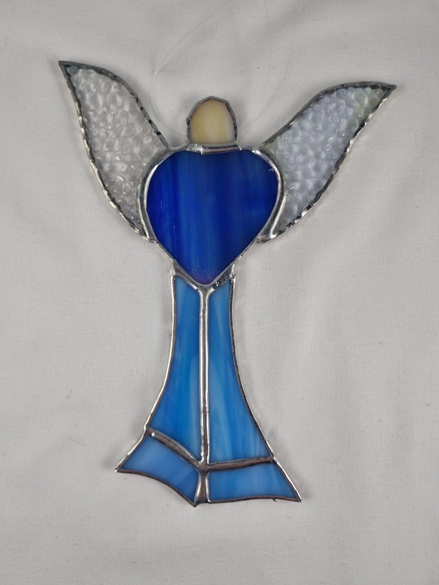 562 Stained Glass Large blue hHeart Angel - handmade hanging decoration.