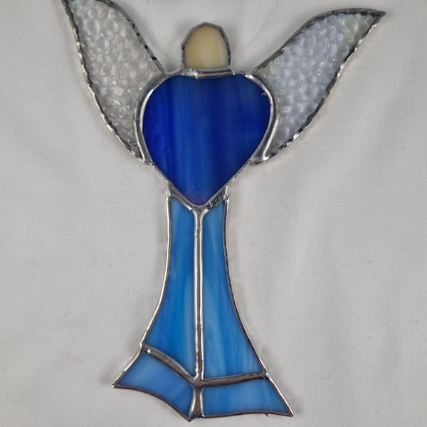 562 Stained Glass Large blue hHeart Angel - handmade hanging decoration.