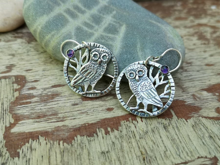 Owl Earrings with amethyst stones